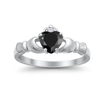 Heart Shape Simulated Black CZ Claddagh Wedding Ring 925 Sterling Silver